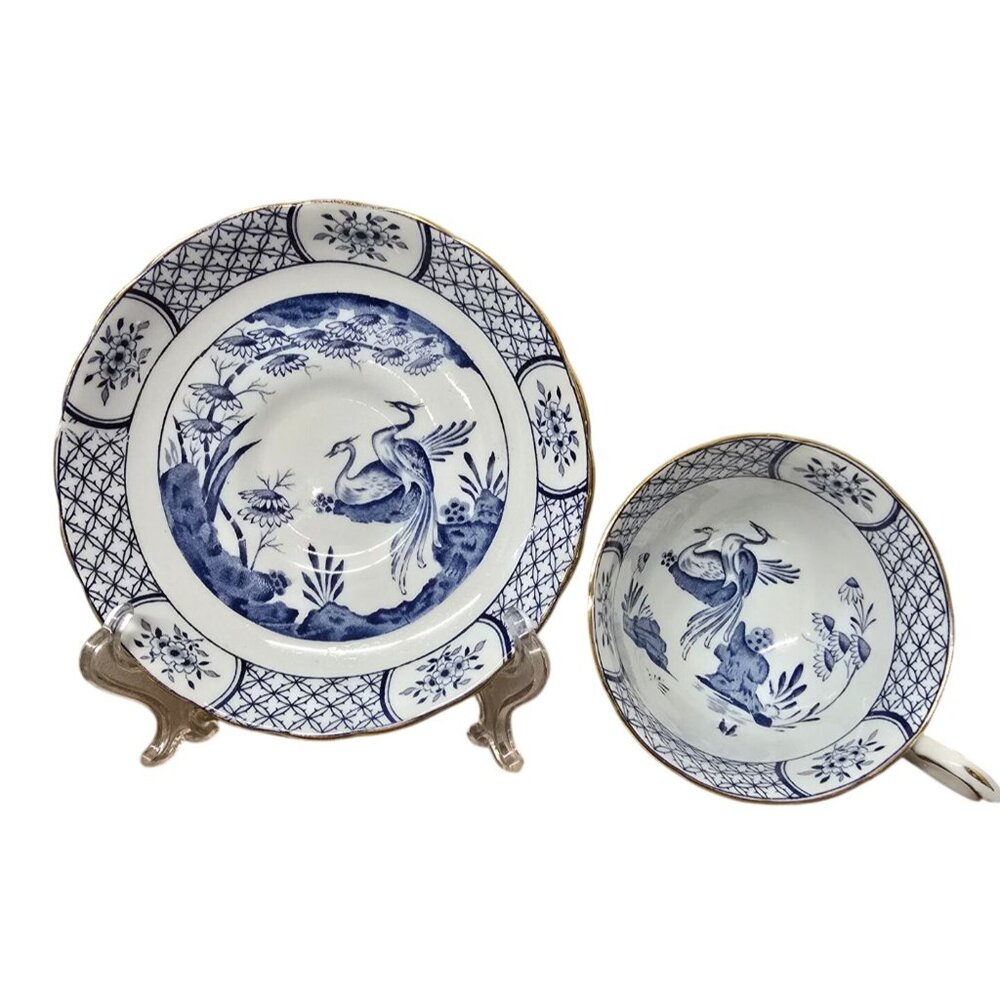 Antique Tea Cup & Saucer Blue White Birds Tuscan Fine English Bone China